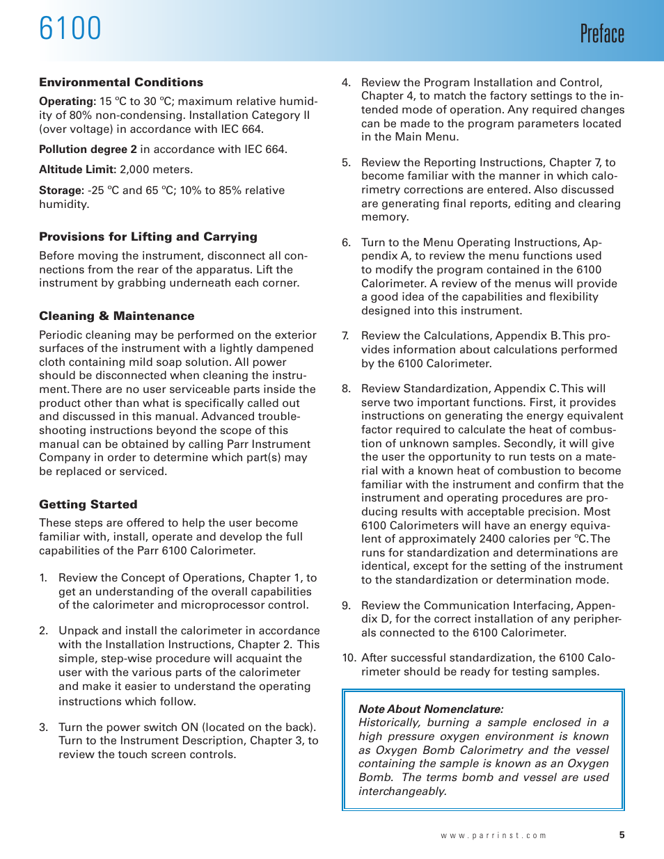 Environmental conditions, Provisions for lifting and carrying, Cleaning & maintenance | Getting started, Preface | Parr Instrument 6100 User Manual | Page 7 / 82