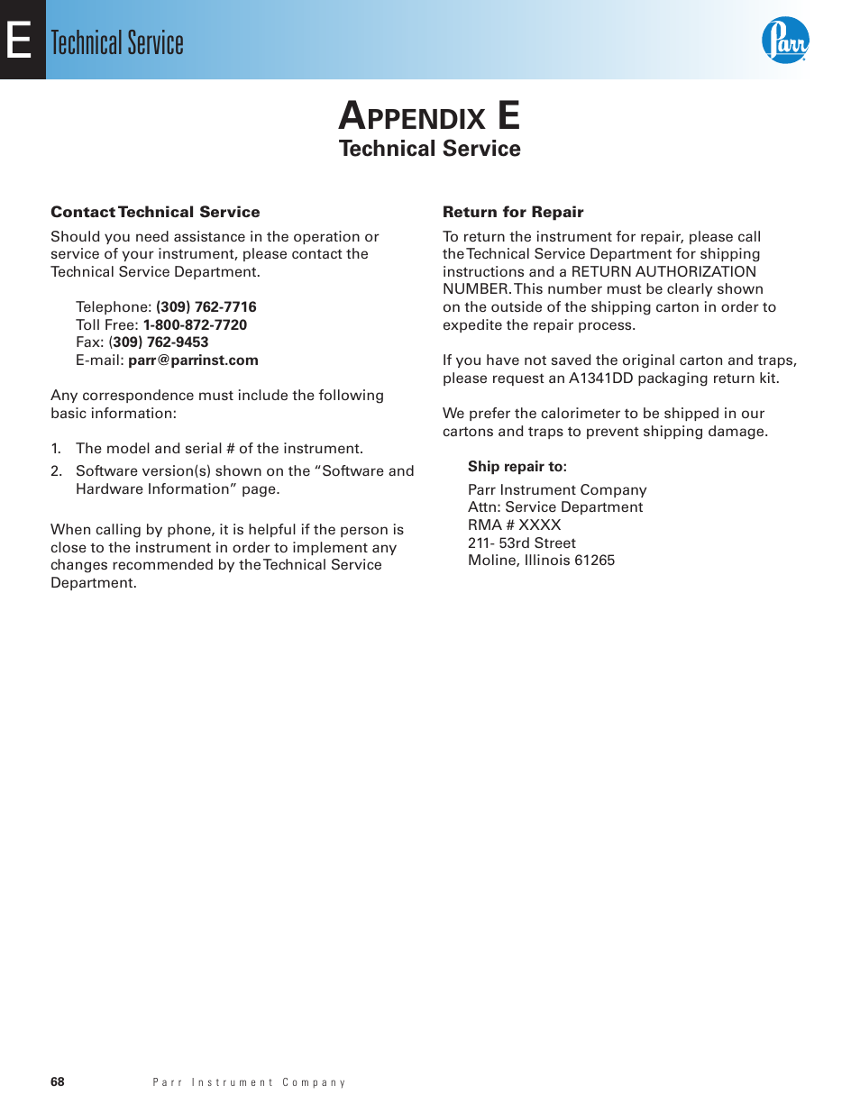 Appendix e, Technical service, Contact technical service | Return for repair, Ppendix | Parr Instrument 6100 User Manual | Page 70 / 82