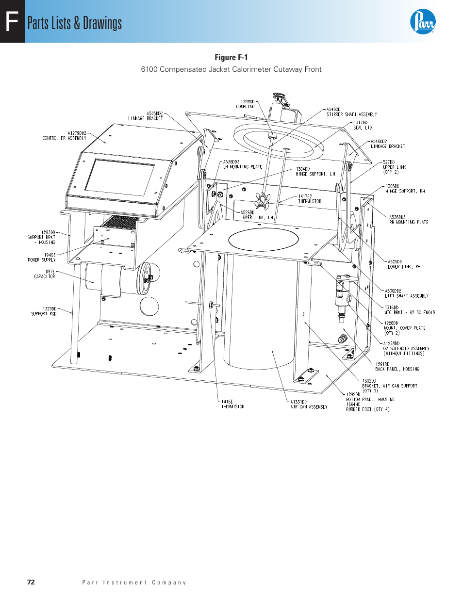 6100 compensated jacket calorimeter cutaway front, Parts lists & drawings | Parr Instrument 6100 User Manual | Page 74 / 82