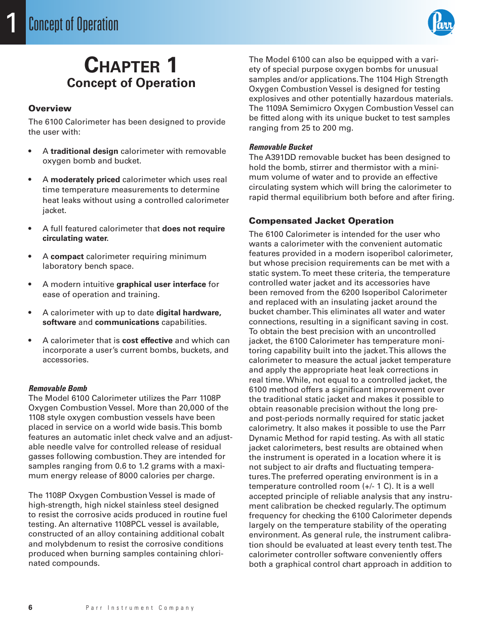 Chapter 1, Concept of operation, Overview | Compensated jacket operation, Hapter | Parr Instrument 6100 User Manual | Page 8 / 82
