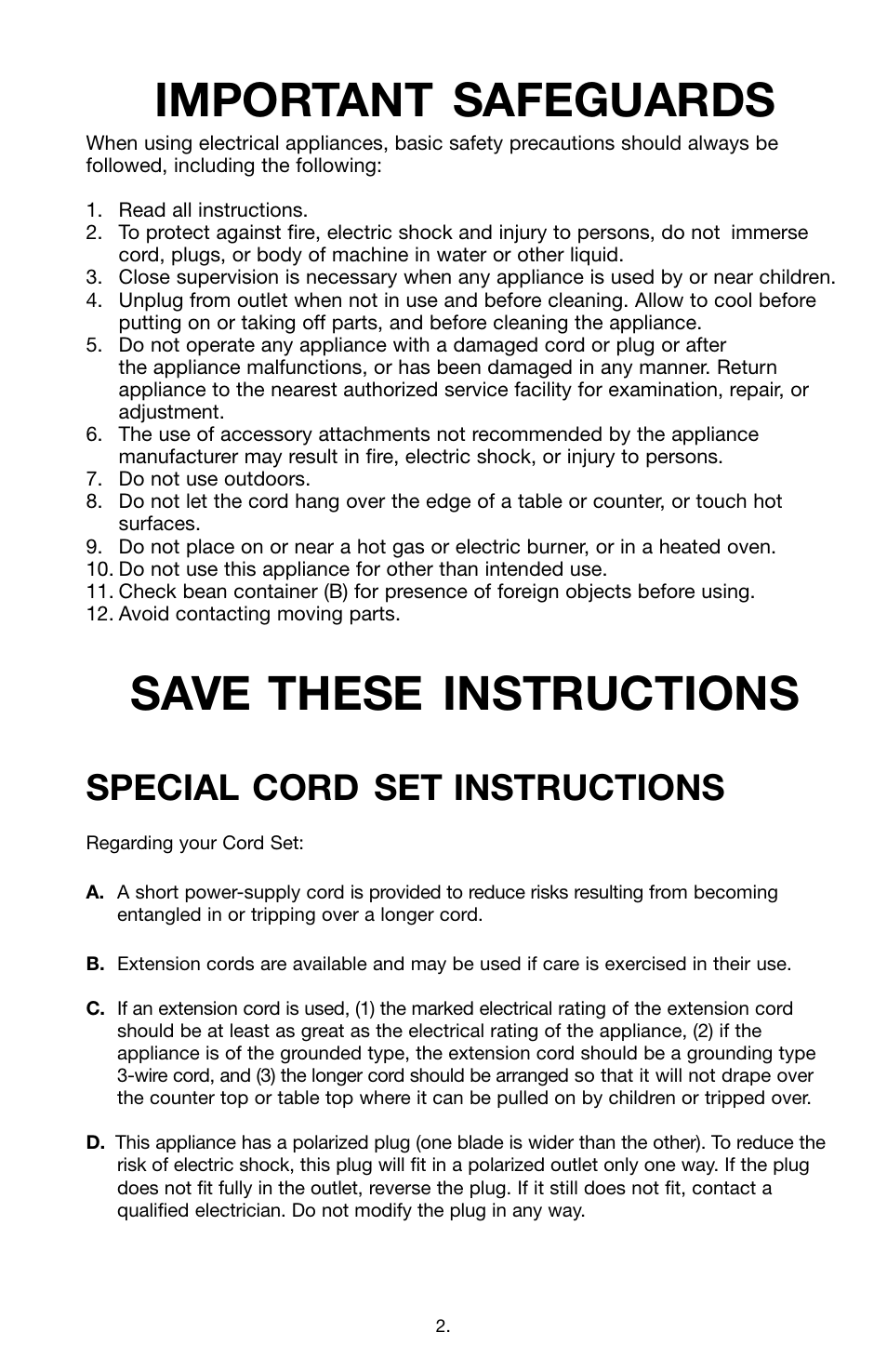 Important safeguards, Save these instructions, Special cord set instructions | Capresso Coffee Burr Grinder 559 User Manual | Page 2 / 6