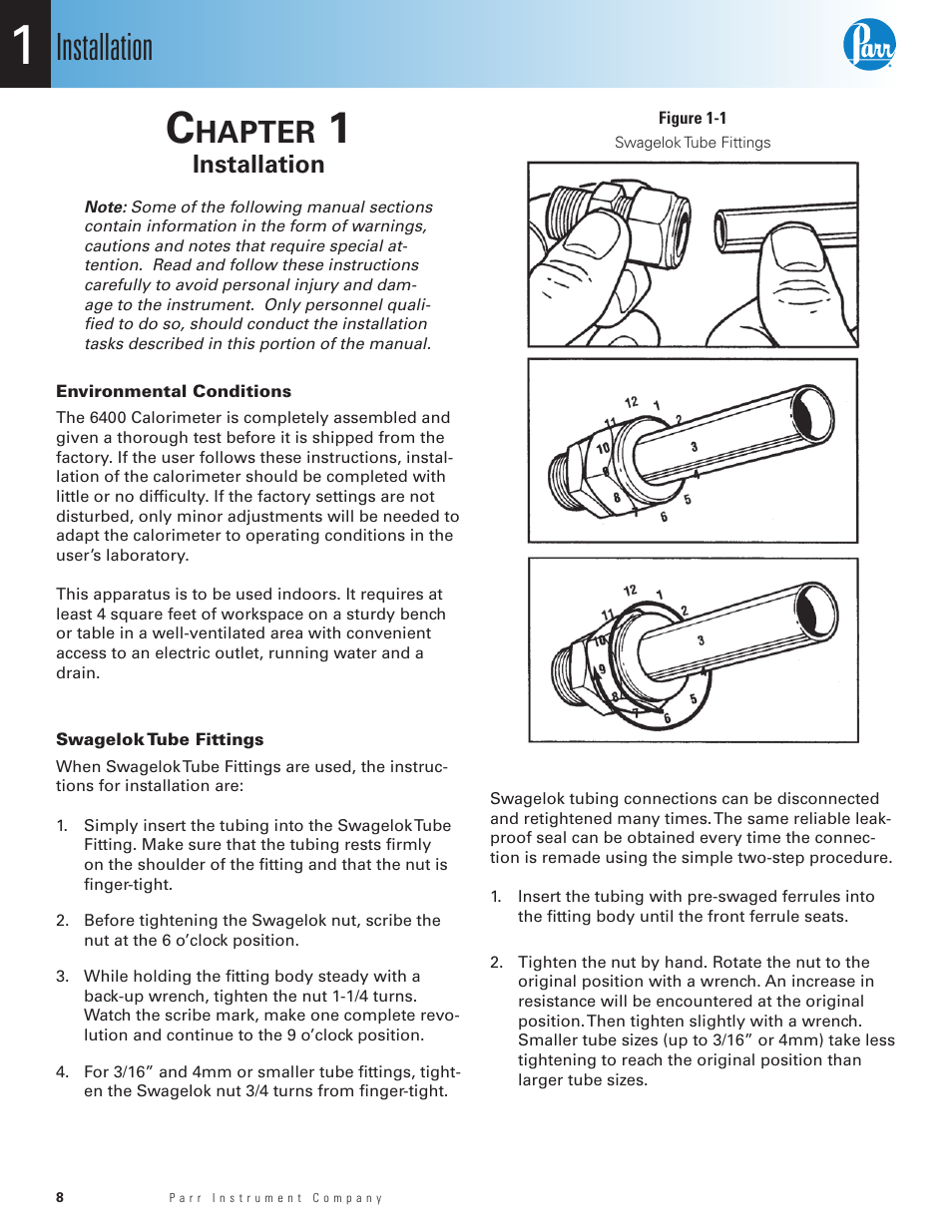 Chapter 1, Installation, Environmental conditions | Swagelok tube fittings, Figure 1-1, Chapter 1 8, Hapter | Parr Instrument 6400 User Manual | Page 10 / 110