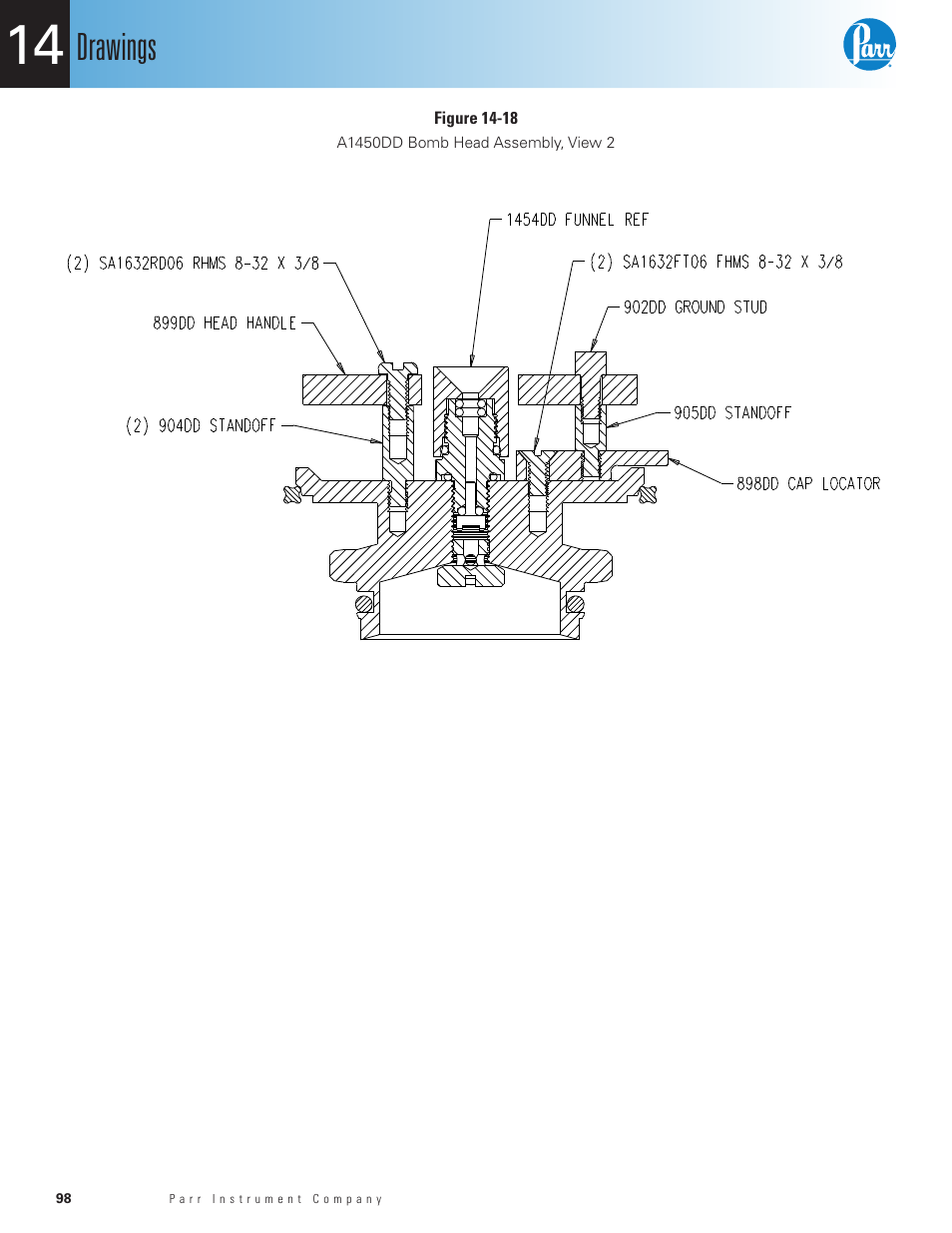 Figure 14-18, A1450dd bomb head assembly, view 2, Drawings | Parr Instrument 6400 User Manual | Page 100 / 110
