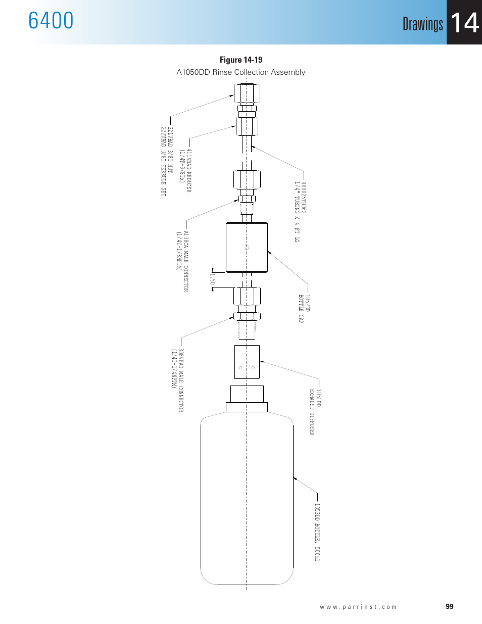 Figure 14-19, A1050dd rinse collection assembly, Drawings | A1050dd | Parr Instrument 6400 User Manual | Page 101 / 110
