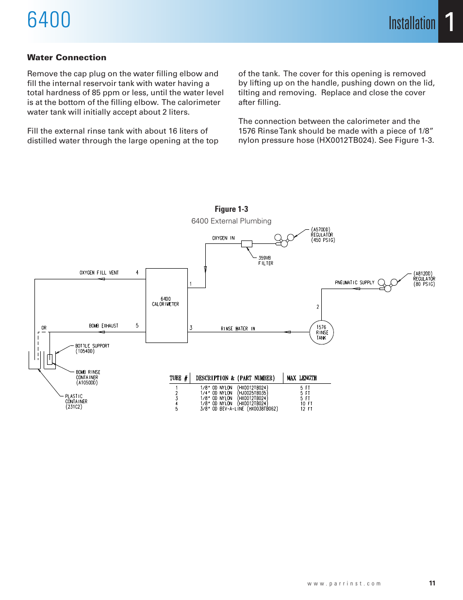 Water connection, Figure 1-3, 6400 external plumbing | Installation | Parr Instrument 6400 User Manual | Page 13 / 110