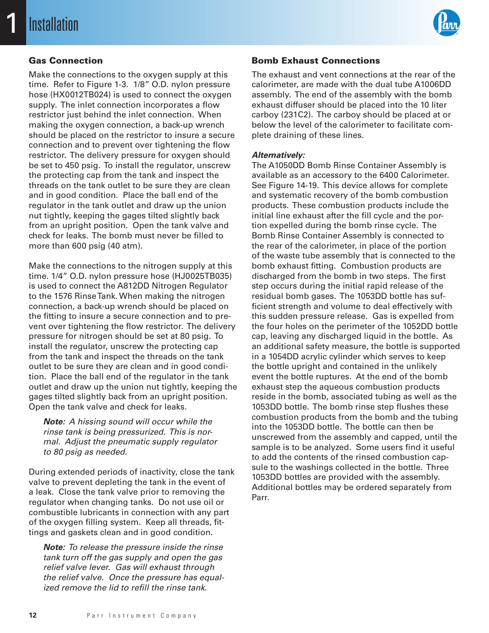Gas connection, Bomb exhaust connections, Installation | Parr Instrument 6400 User Manual | Page 14 / 110