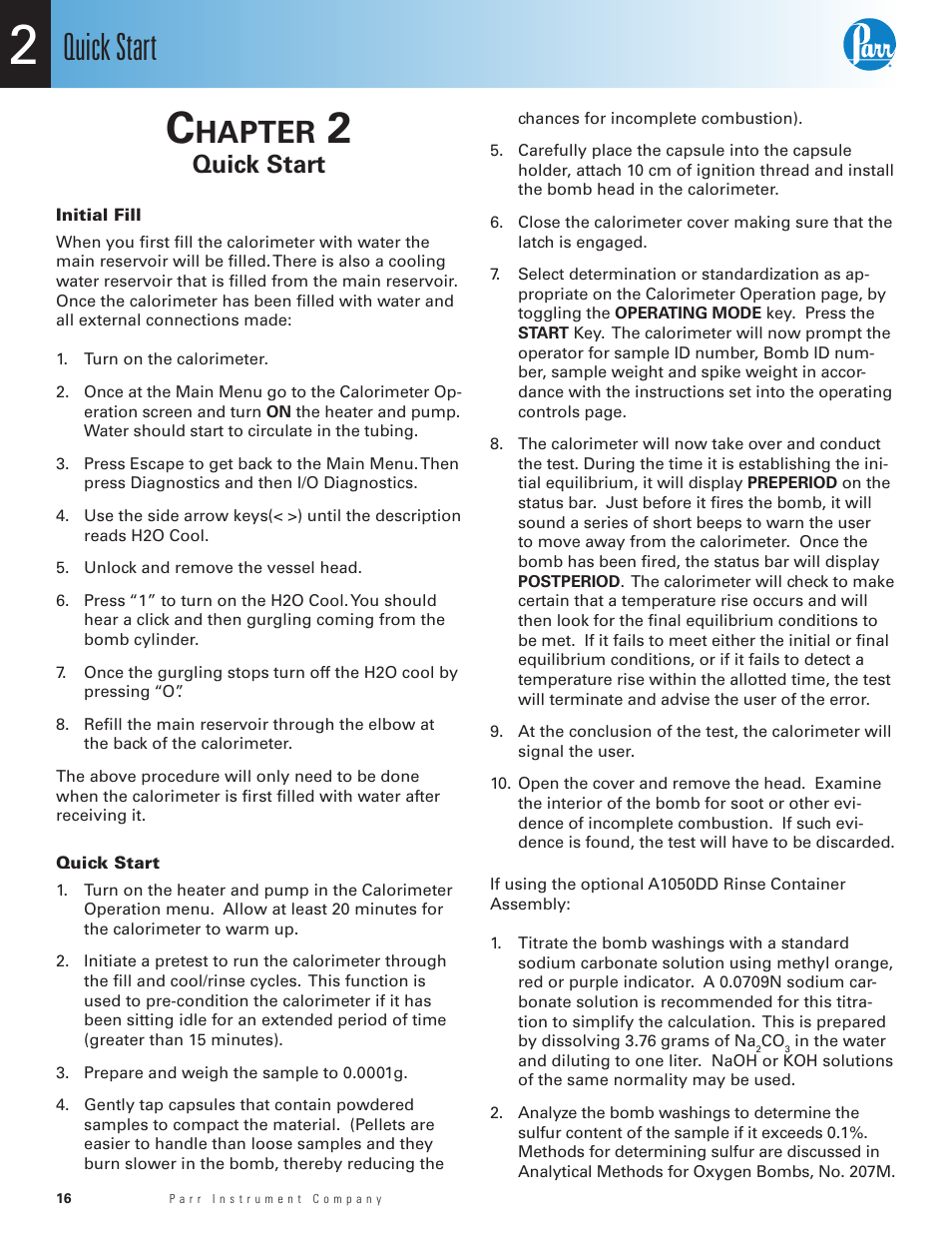 Chapter 2, Quick start, Initial fill | Chapter 2 16, Hapter | Parr Instrument 6400 User Manual | Page 18 / 110