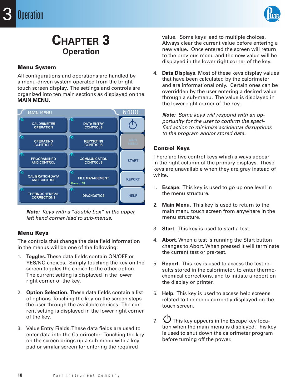 Chapter 3, Operation, Menu system | Menu keys, Control keys, Chapter 3 18, Hapter | Parr Instrument 6400 User Manual | Page 20 / 110