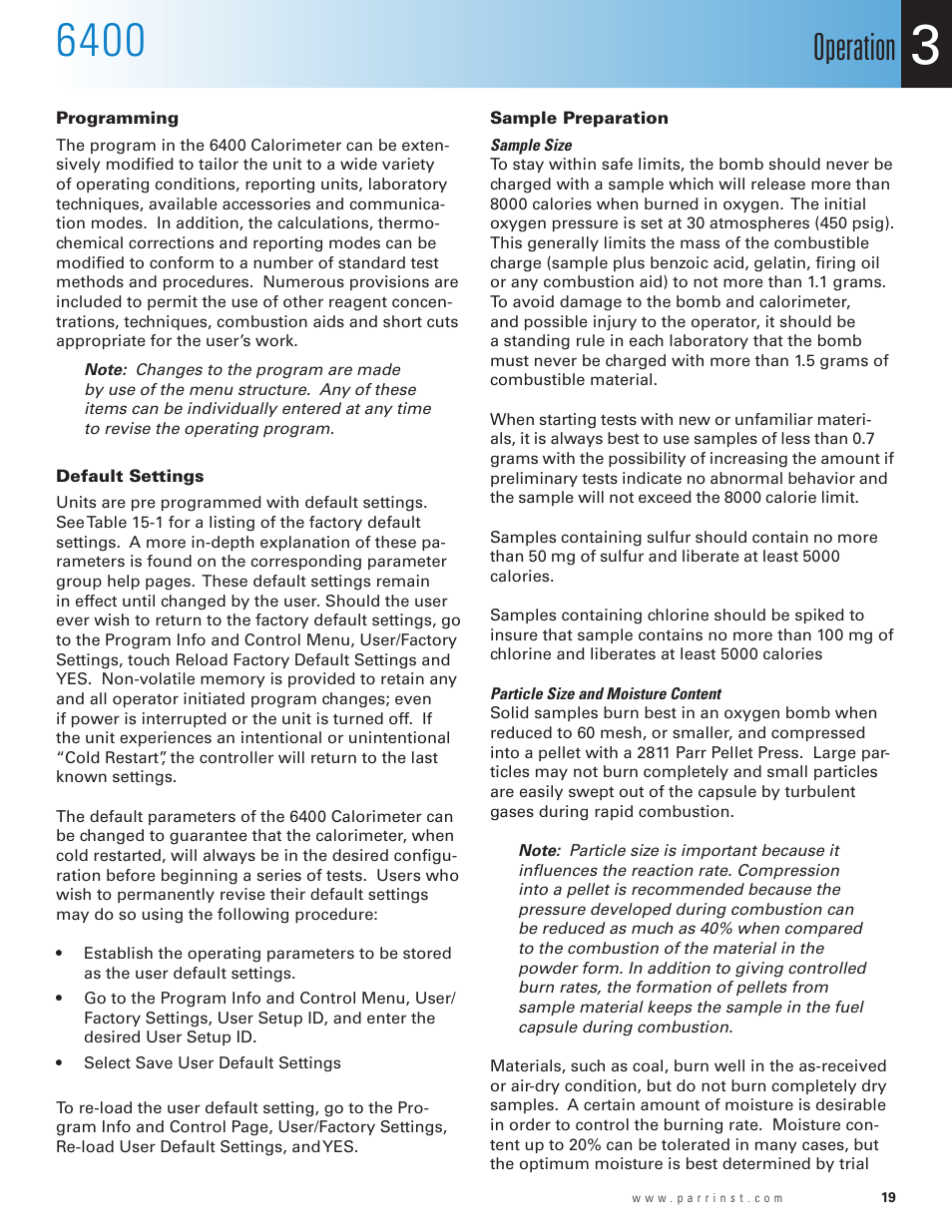 Programming, Default settings, Sample preparation | Operation | Parr Instrument 6400 User Manual | Page 21 / 110