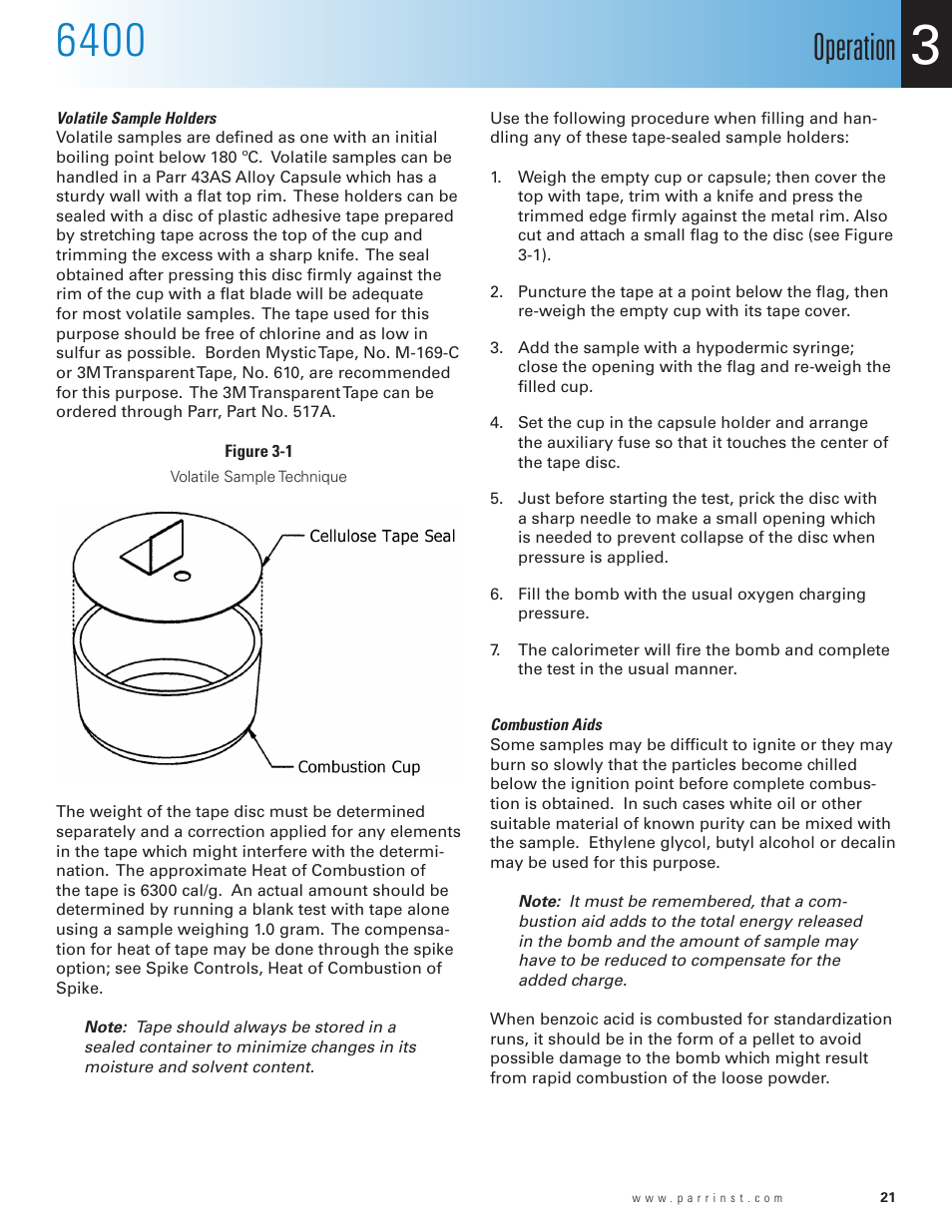 Figure 3-1, Volatile sample technique, Operation | Parr Instrument 6400 User Manual | Page 23 / 110