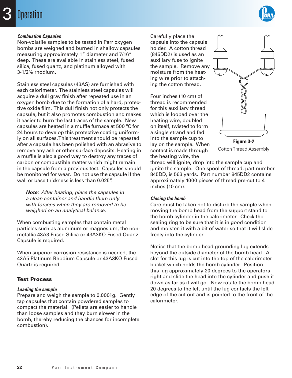 Test process, Closing the bomb, Figure 3-2 | Cotton thread assembly, Operation | Parr Instrument 6400 User Manual | Page 24 / 110