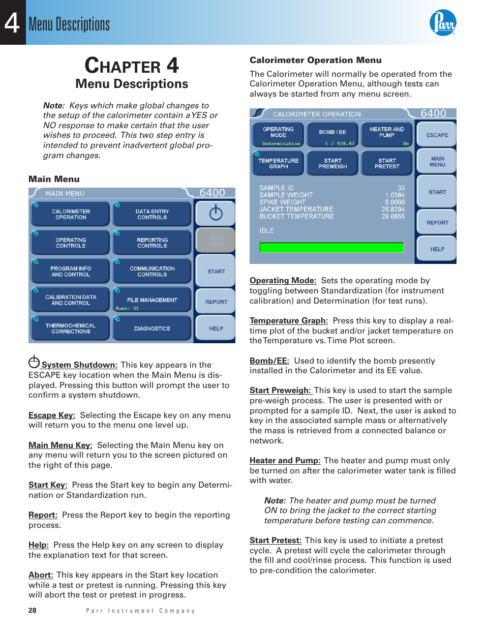 Chapter 4, Menu descriptions, Main menu | Calorimeter operation menu, Chapter 4 28, Hapter | Parr Instrument 6400 User Manual | Page 30 / 110