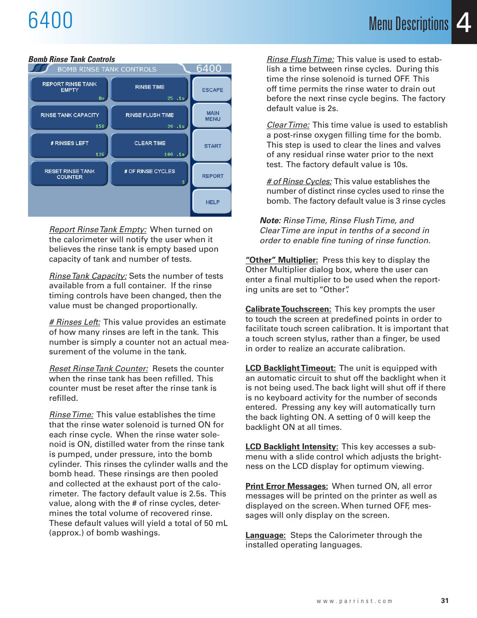Bomb rinse tank controls, Menu descriptions | Parr Instrument 6400 User Manual | Page 33 / 110