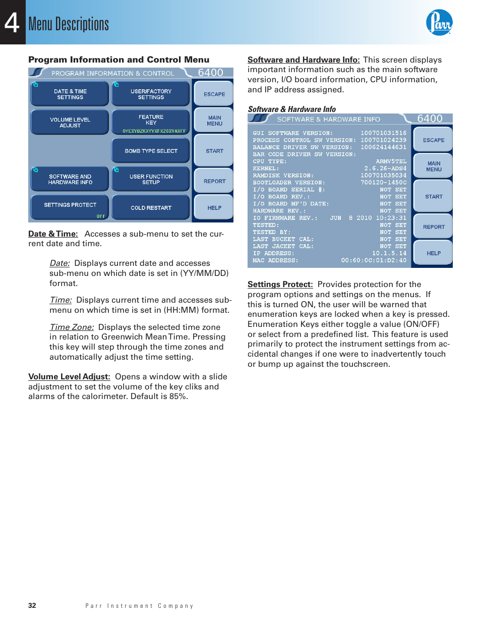 Program information and control menu, Software & hardware info, Menu descriptions | Parr Instrument 6400 User Manual | Page 34 / 110