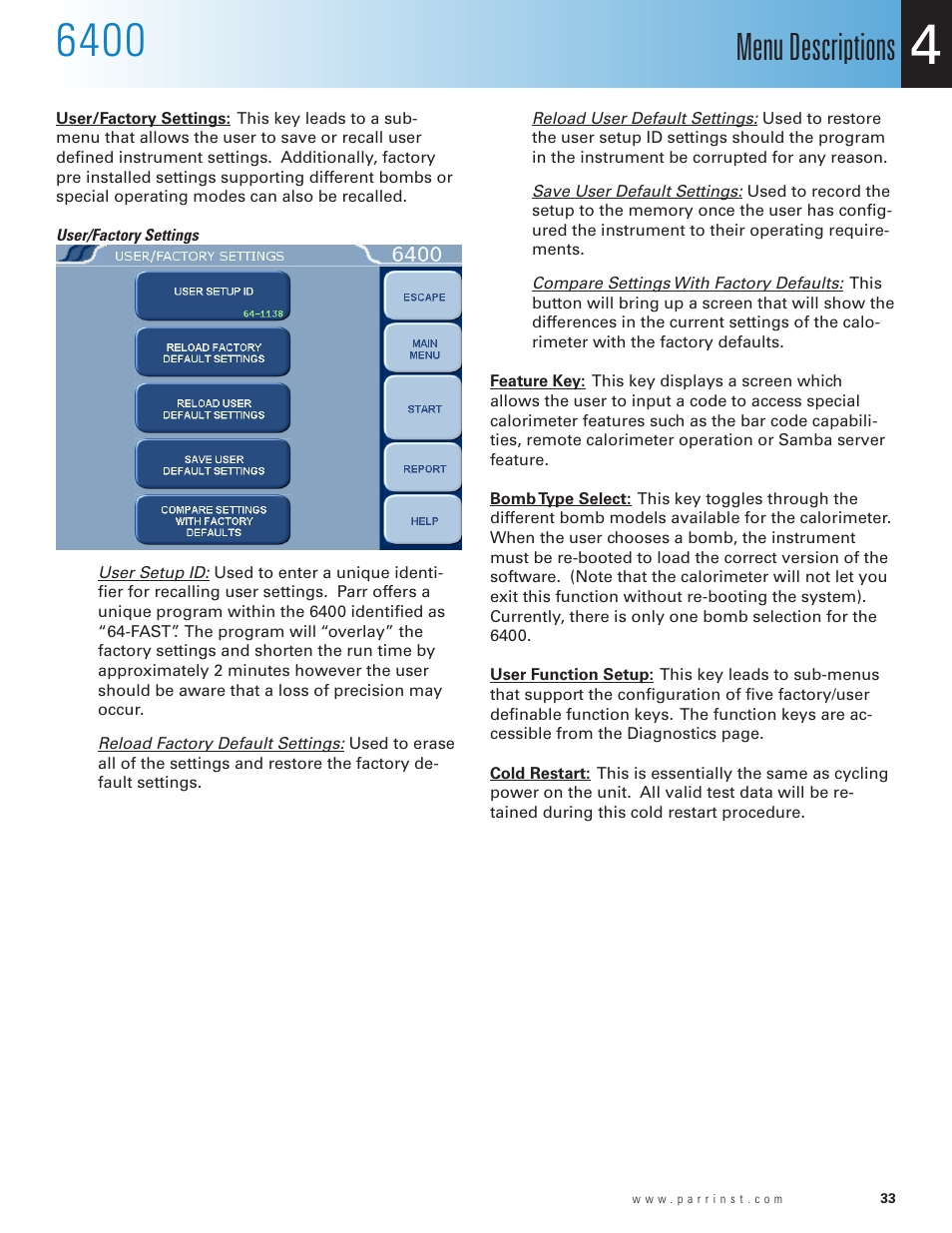 User/factory settings, Menu descriptions | Parr Instrument 6400 User Manual | Page 35 / 110