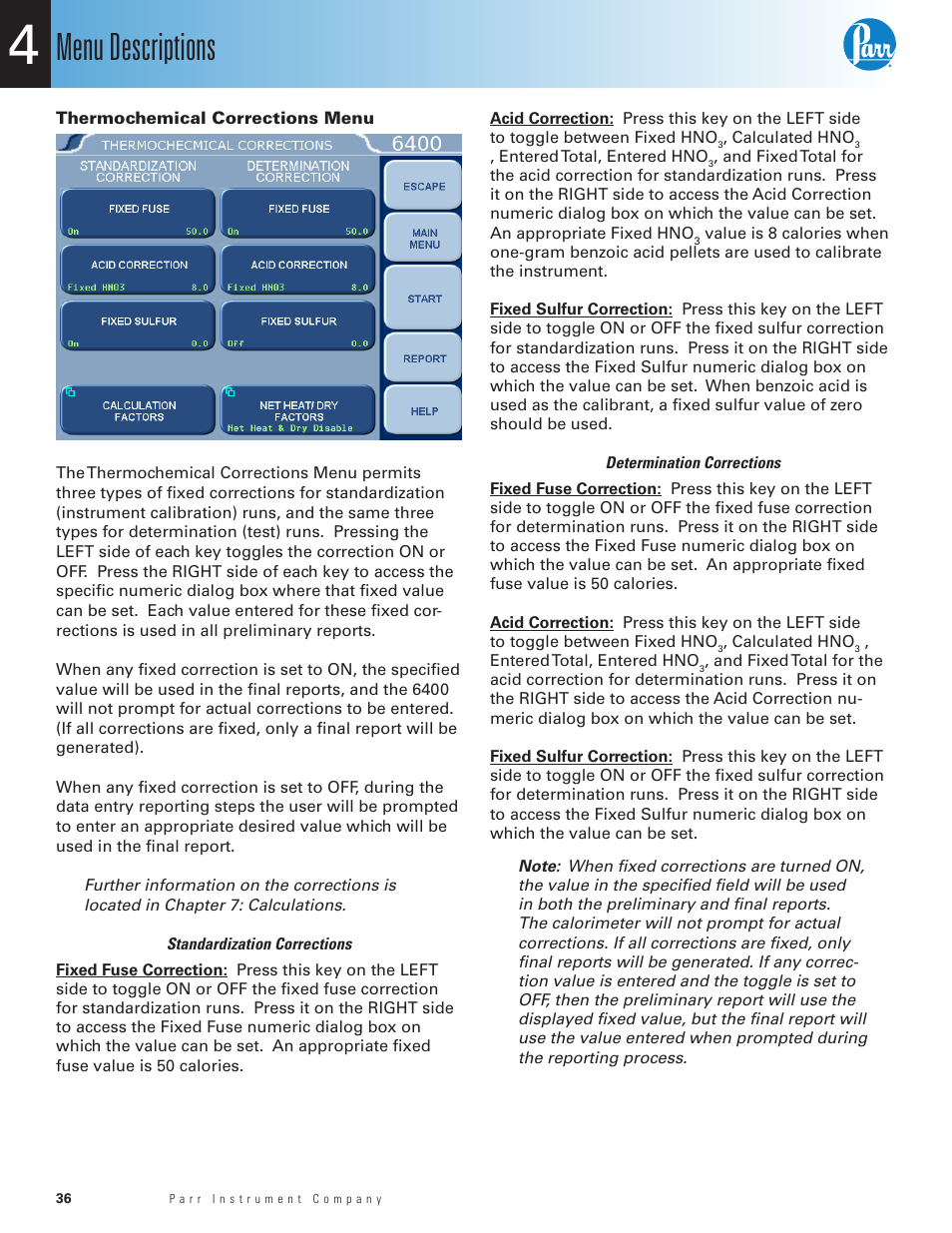 Thermochemical corrections menu, Menu descriptions | Parr Instrument 6400 User Manual | Page 38 / 110