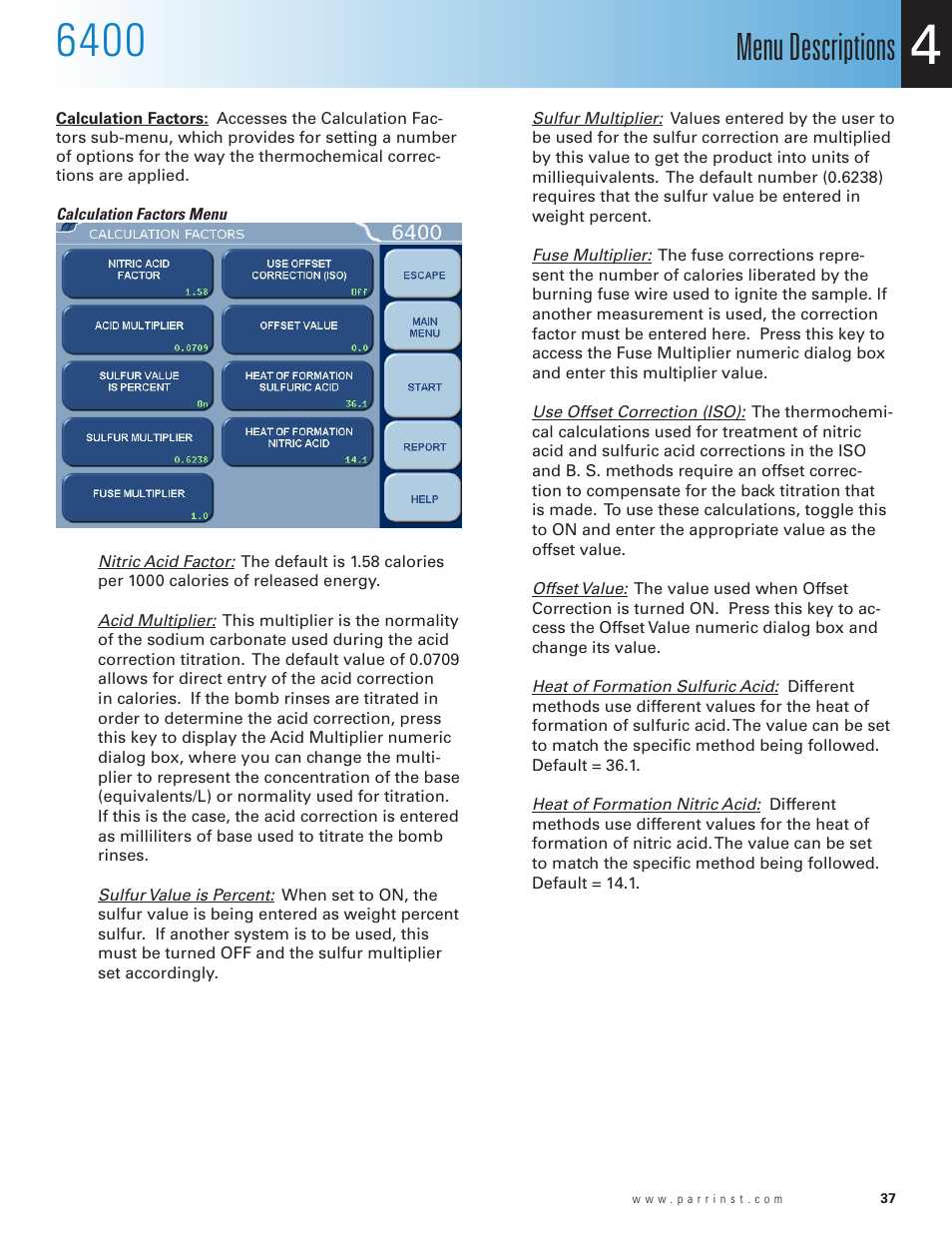 Calculation factors menu, Menu descriptions | Parr Instrument 6400 User Manual | Page 39 / 110
