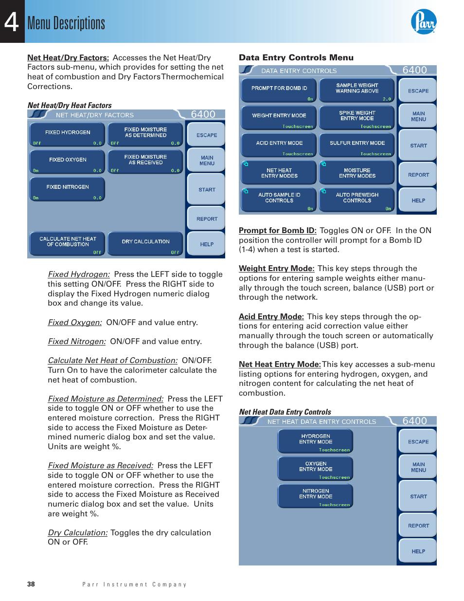 Net heat/dry heat factors, Data entry controls menu, Menu descriptions | Parr Instrument 6400 User Manual | Page 40 / 110