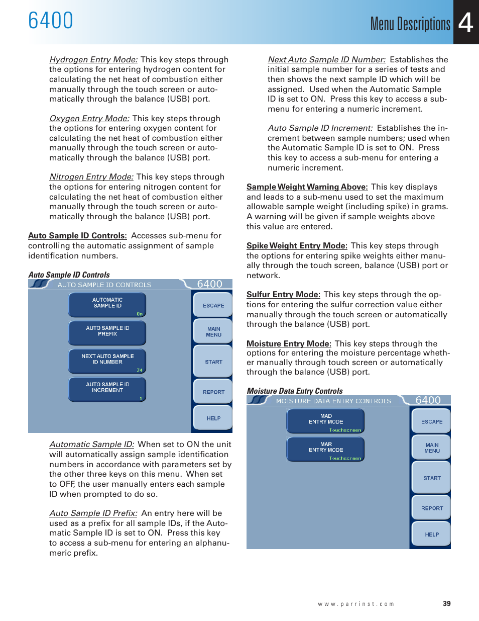 Net heat data entry controls, Auto sample id controls, Menu descriptions | Parr Instrument 6400 User Manual | Page 41 / 110