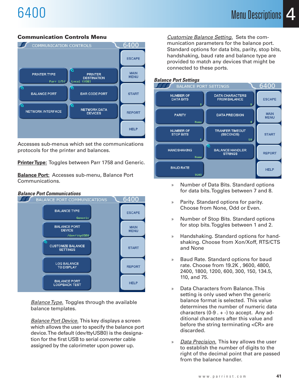 Communication controls menu, Balance port communications, Menu descriptions | Parr Instrument 6400 User Manual | Page 43 / 110