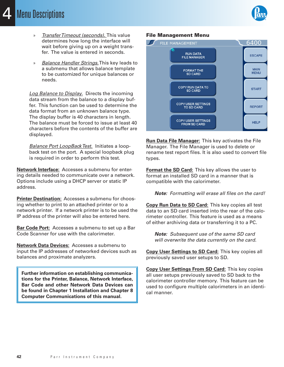 Balance port settings, Menu descriptions | Parr Instrument 6400 User Manual | Page 44 / 110