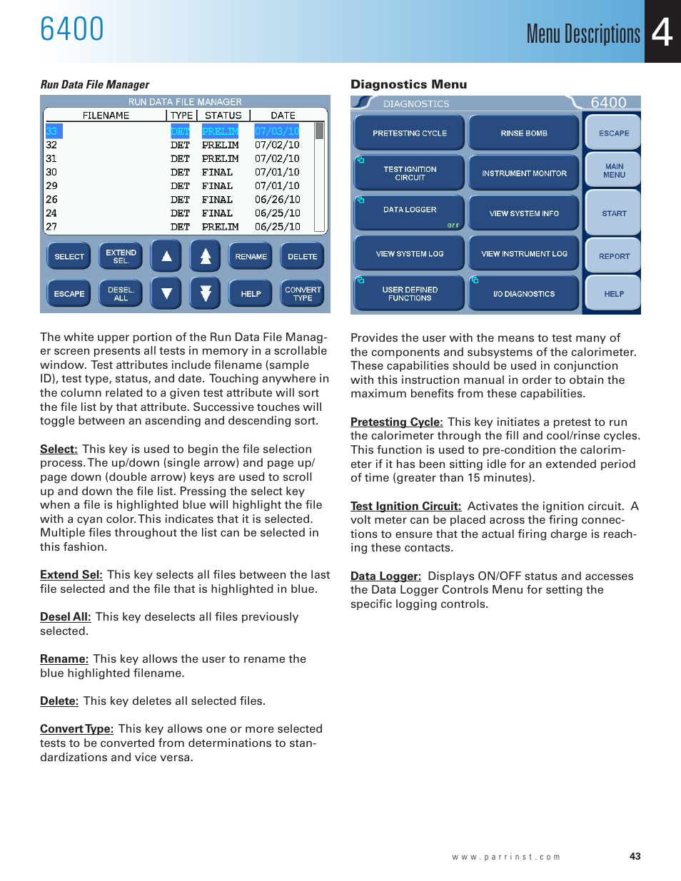 File management menu, Run data file manager, Menu descriptions | Parr Instrument 6400 User Manual | Page 45 / 110