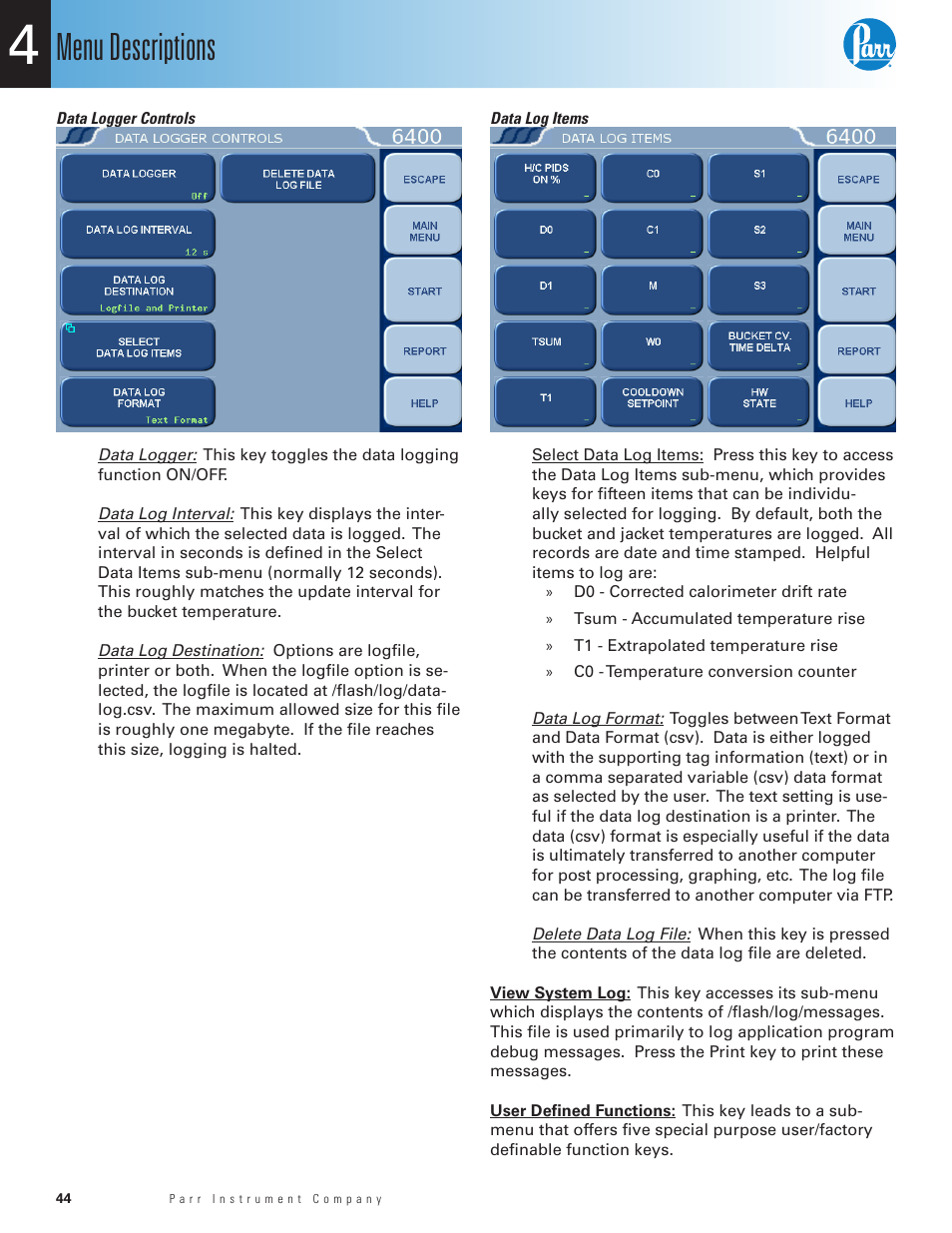 Diagnostics menu, Data logger controls, Menu descriptions | Parr Instrument 6400 User Manual | Page 46 / 110