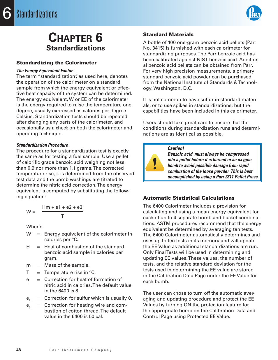 Chapter 6, Standardizations, Standardizing the calorimeter | Standard materials, Automatic statistical calculations, Chapter 6 48, Hapter | Parr Instrument 6400 User Manual | Page 50 / 110