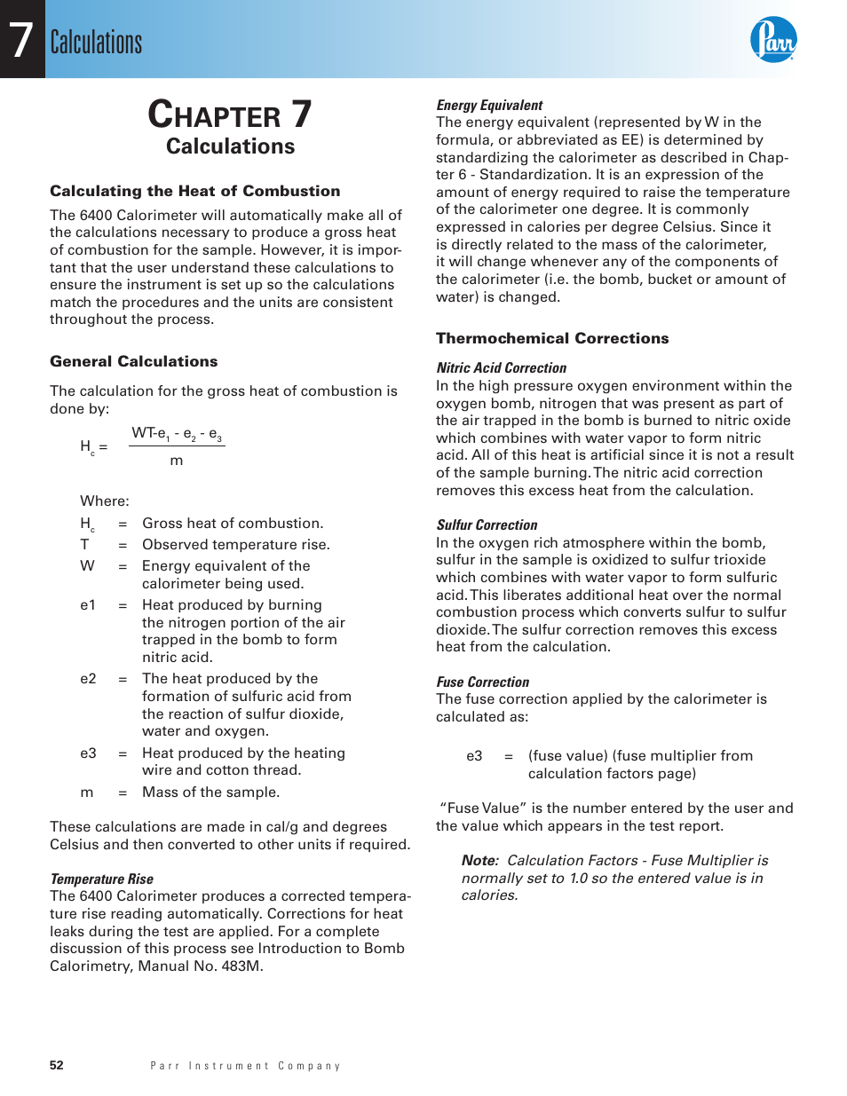 Chapter 7, Calculations, Calculating the heat of combustion | General calculations, Thermochemical corrections, Chapter 7 52, Hapter | Parr Instrument 6400 User Manual | Page 54 / 110