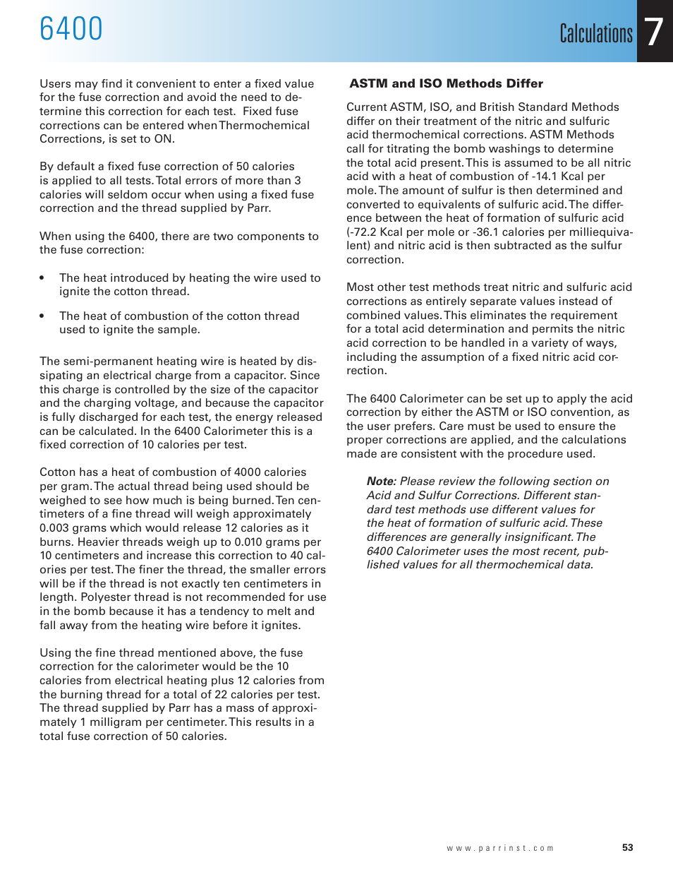 Astm and iso methods differ, Calculations | Parr Instrument 6400 User Manual | Page 55 / 110