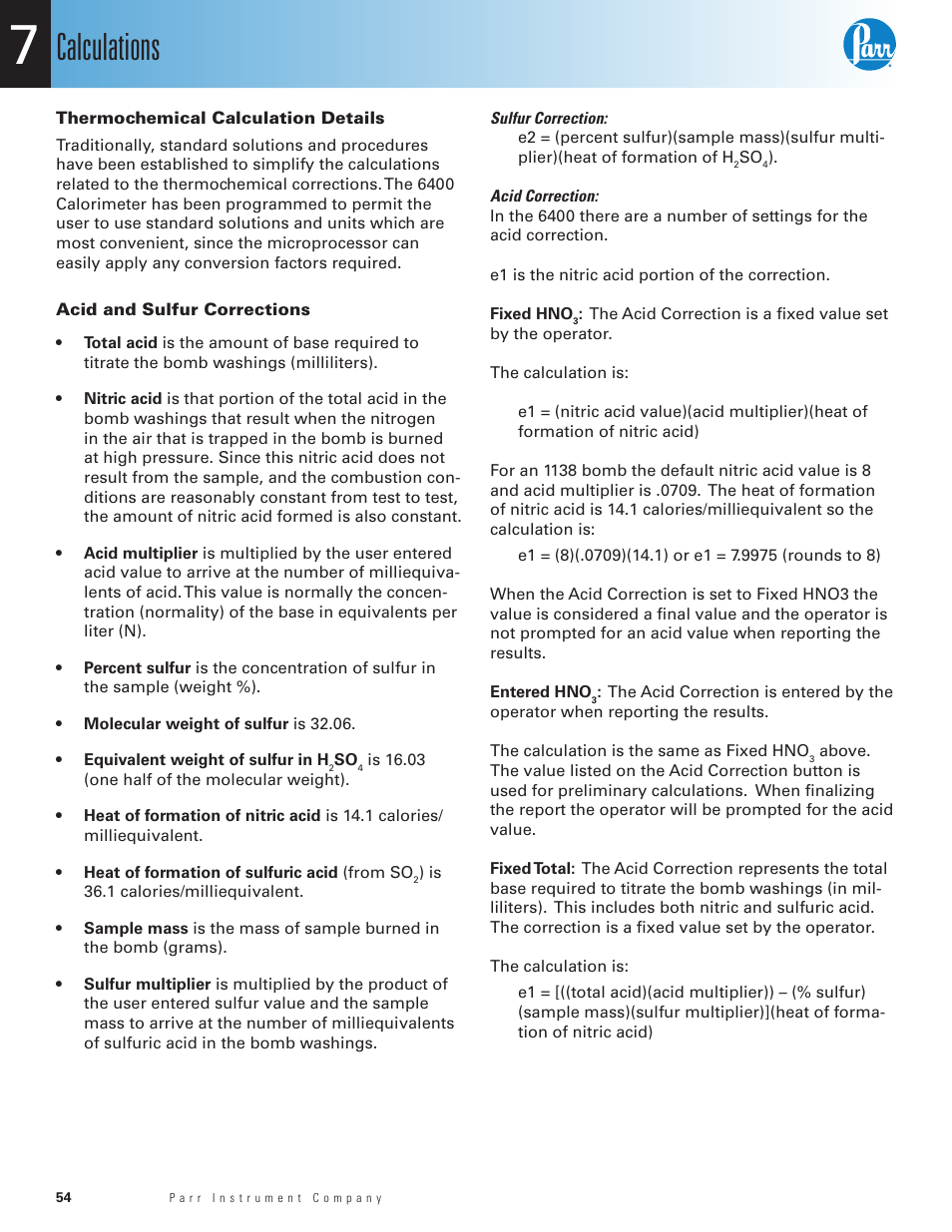 Thermochemical calculation details, Acid and sulfur corrections, Calculations | Parr Instrument 6400 User Manual | Page 56 / 110