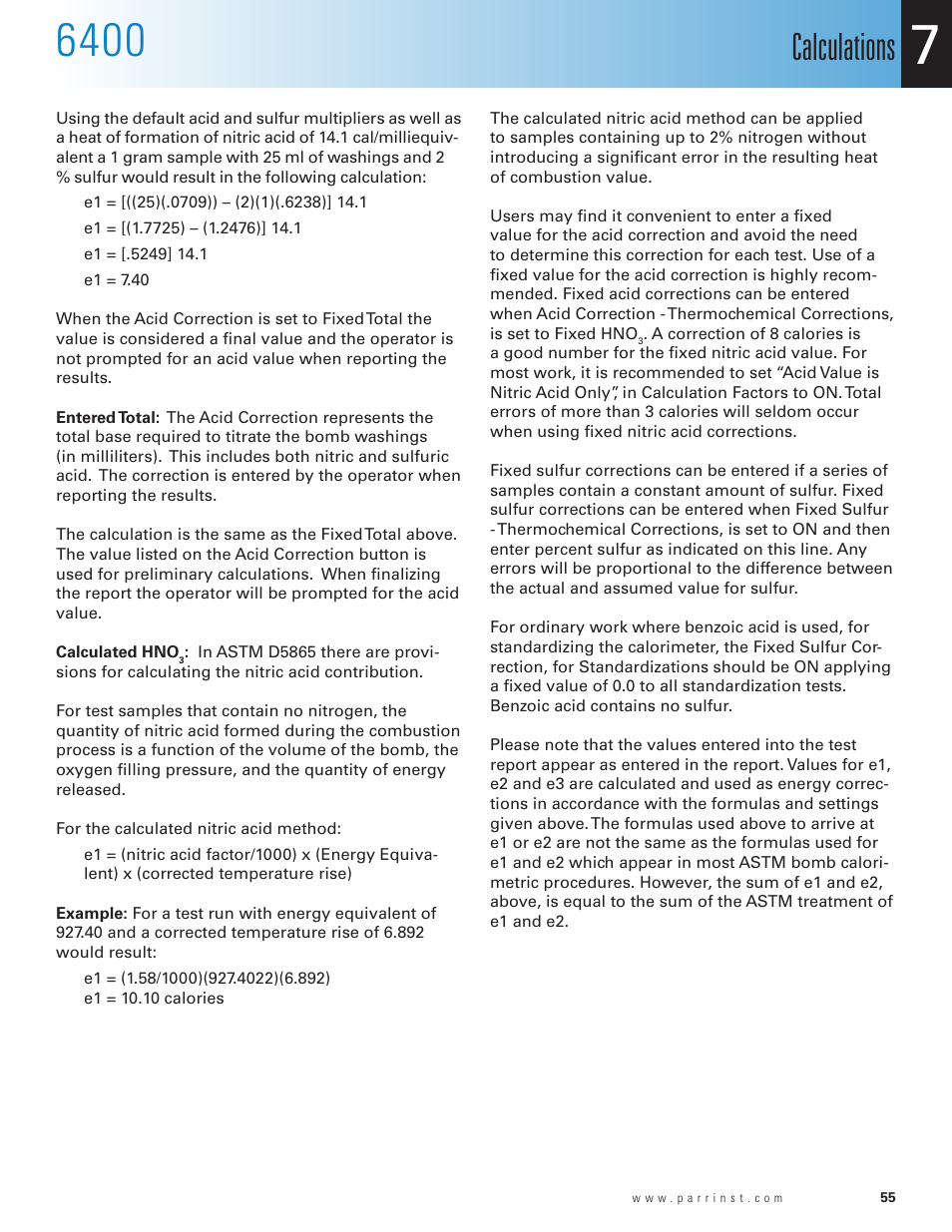 Calculations | Parr Instrument 6400 User Manual | Page 57 / 110