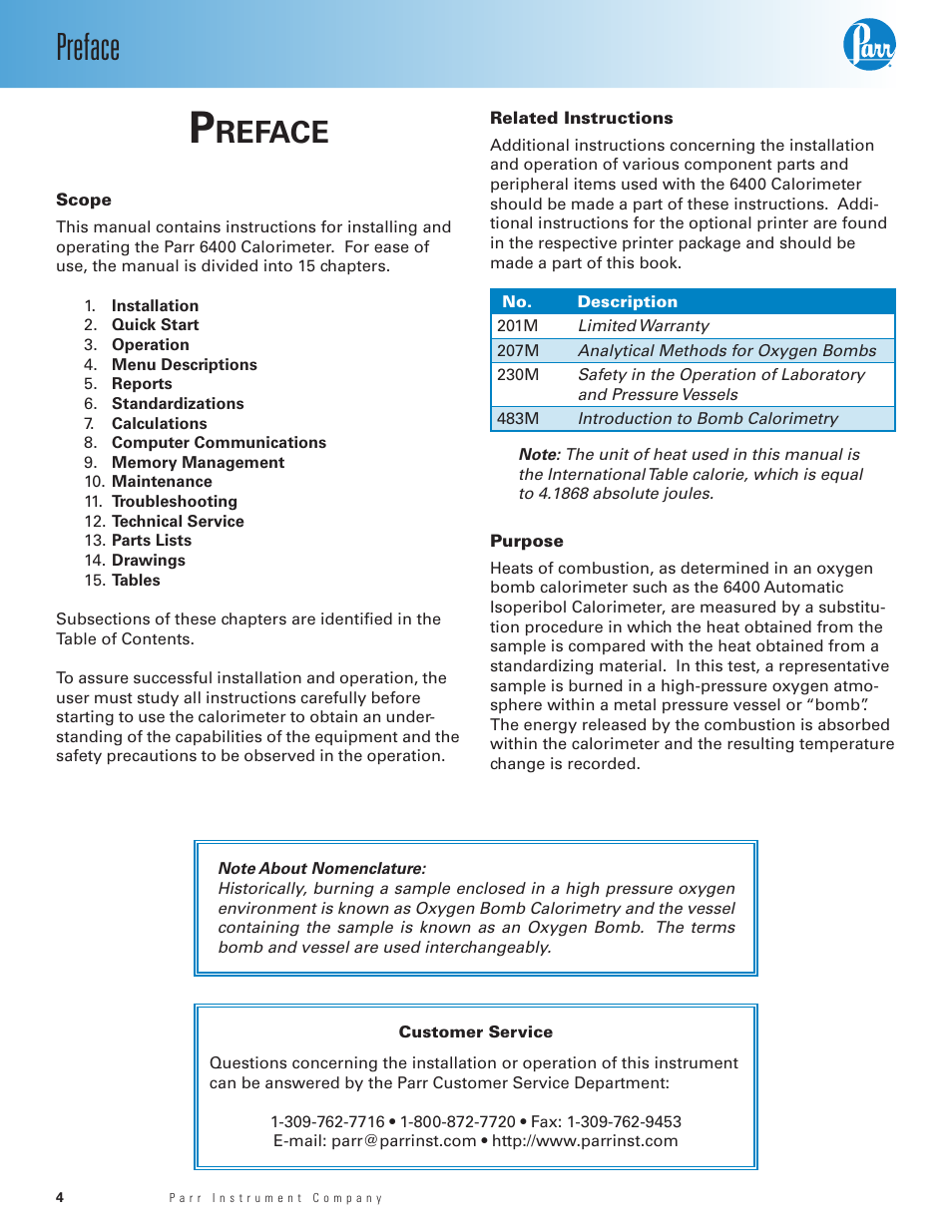 Preface, Scope, Related instructions | Purpose, Preface 4, Reface | Parr Instrument 6400 User Manual | Page 6 / 110