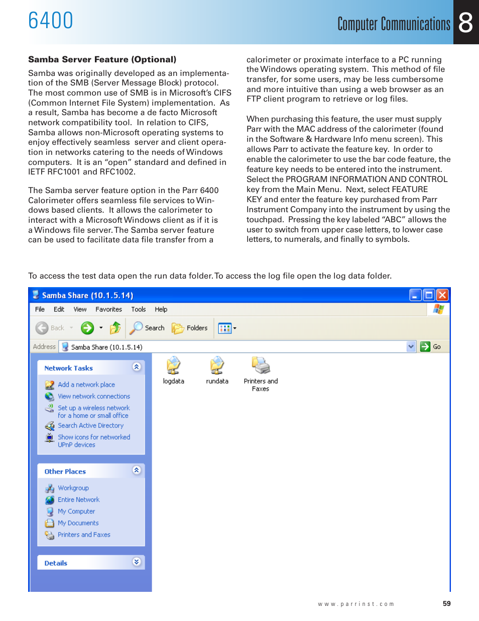 Samba server feature (optional), Computer communications | Parr Instrument 6400 User Manual | Page 61 / 110