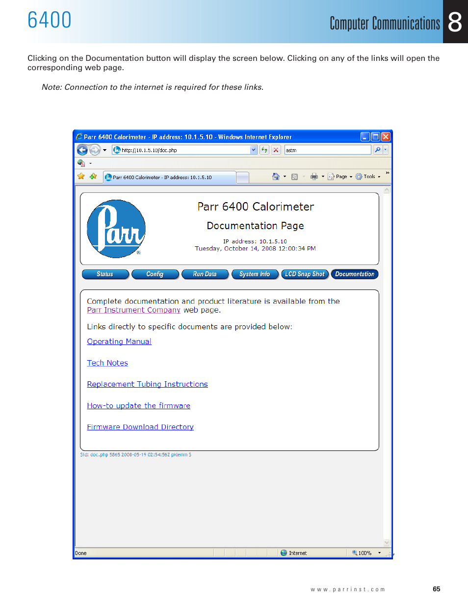 Computer communications | Parr Instrument 6400 User Manual | Page 67 / 110