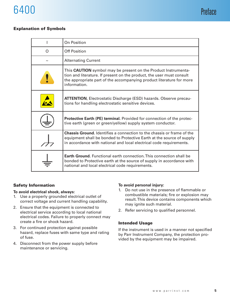 Explanation of symbols, Safety information, Intended usage | Preface | Parr Instrument 6400 User Manual | Page 7 / 110