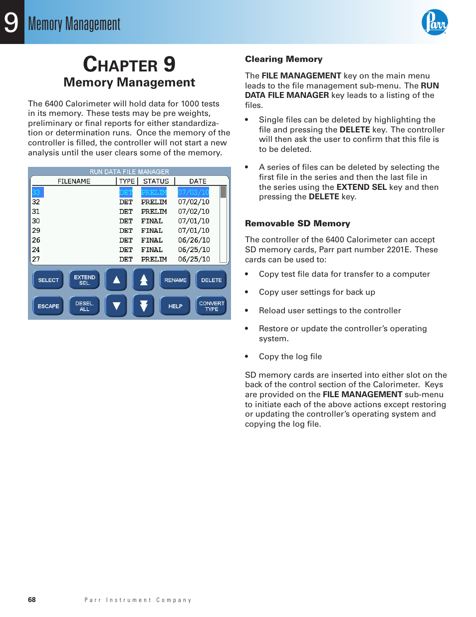 Chapter 9, Memory management, Clearing memory | Removable sd memory, Chapter 9 68, Hapter | Parr Instrument 6400 User Manual | Page 70 / 110