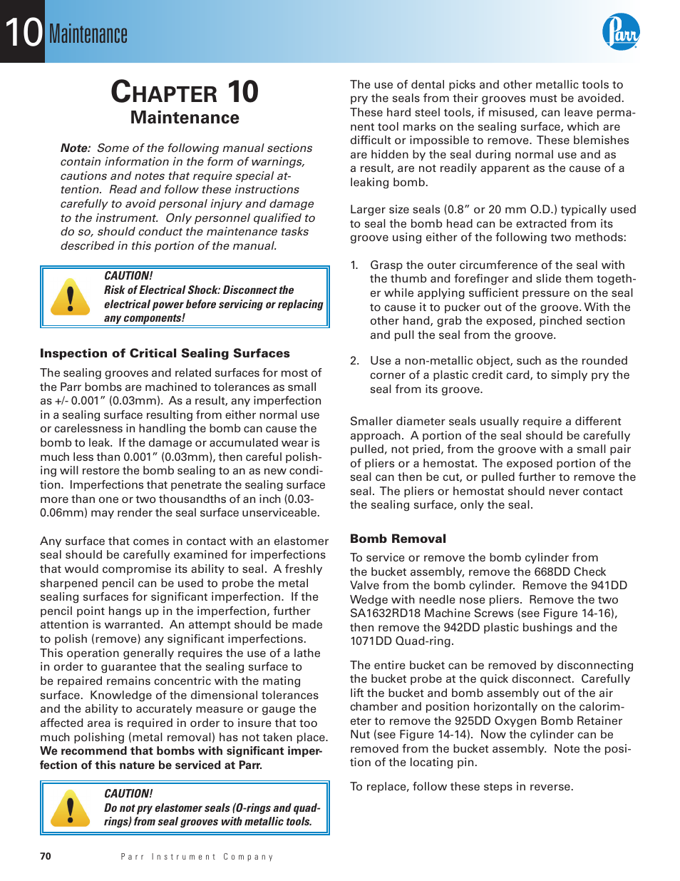 Chapter 10, Maintenance, Inspection of critical sealing surfaces | Bomb removal, Chapter 10 70, Hapter | Parr Instrument 6400 User Manual | Page 72 / 110