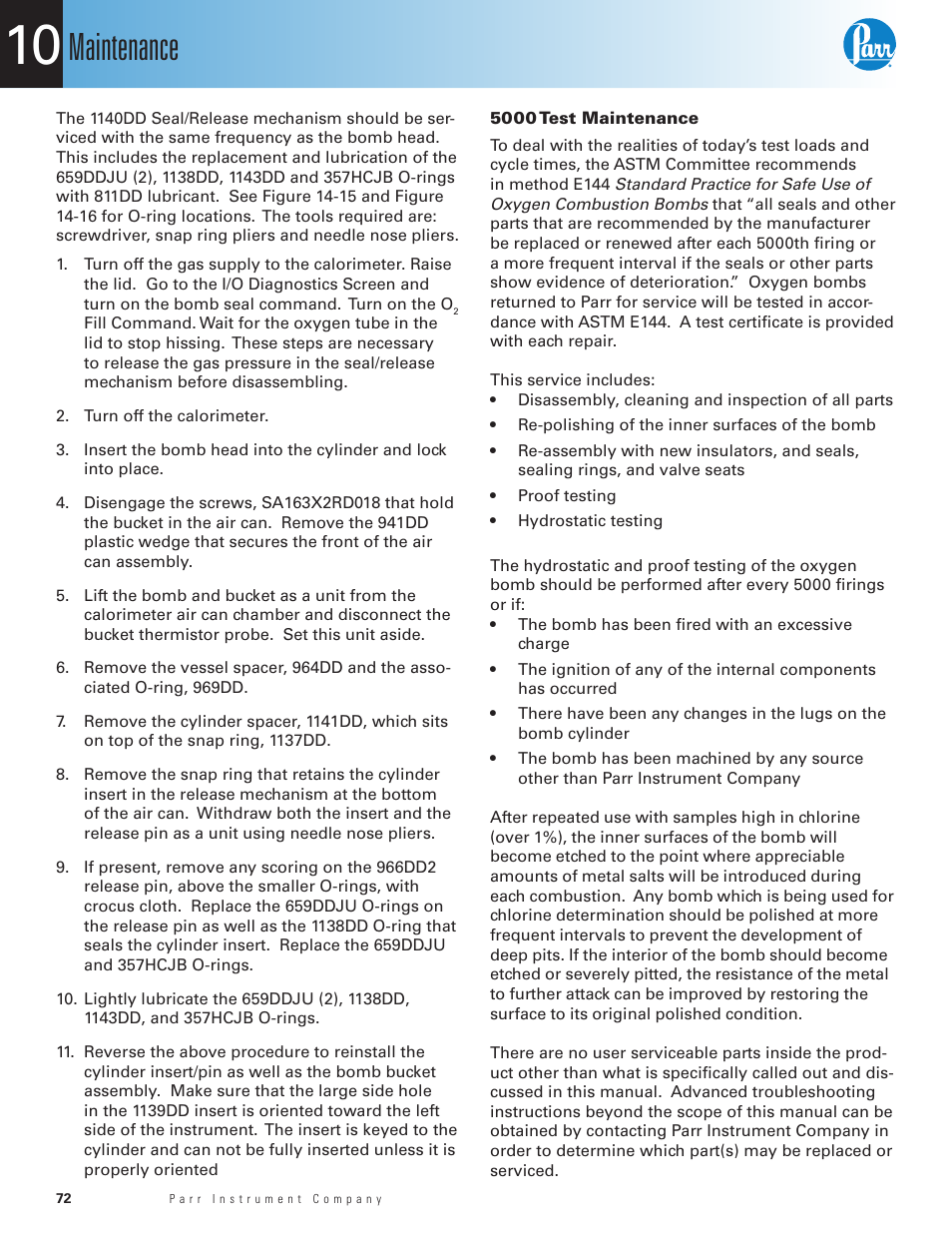 5000 test maintenance, Maintenance | Parr Instrument 6400 User Manual | Page 74 / 110