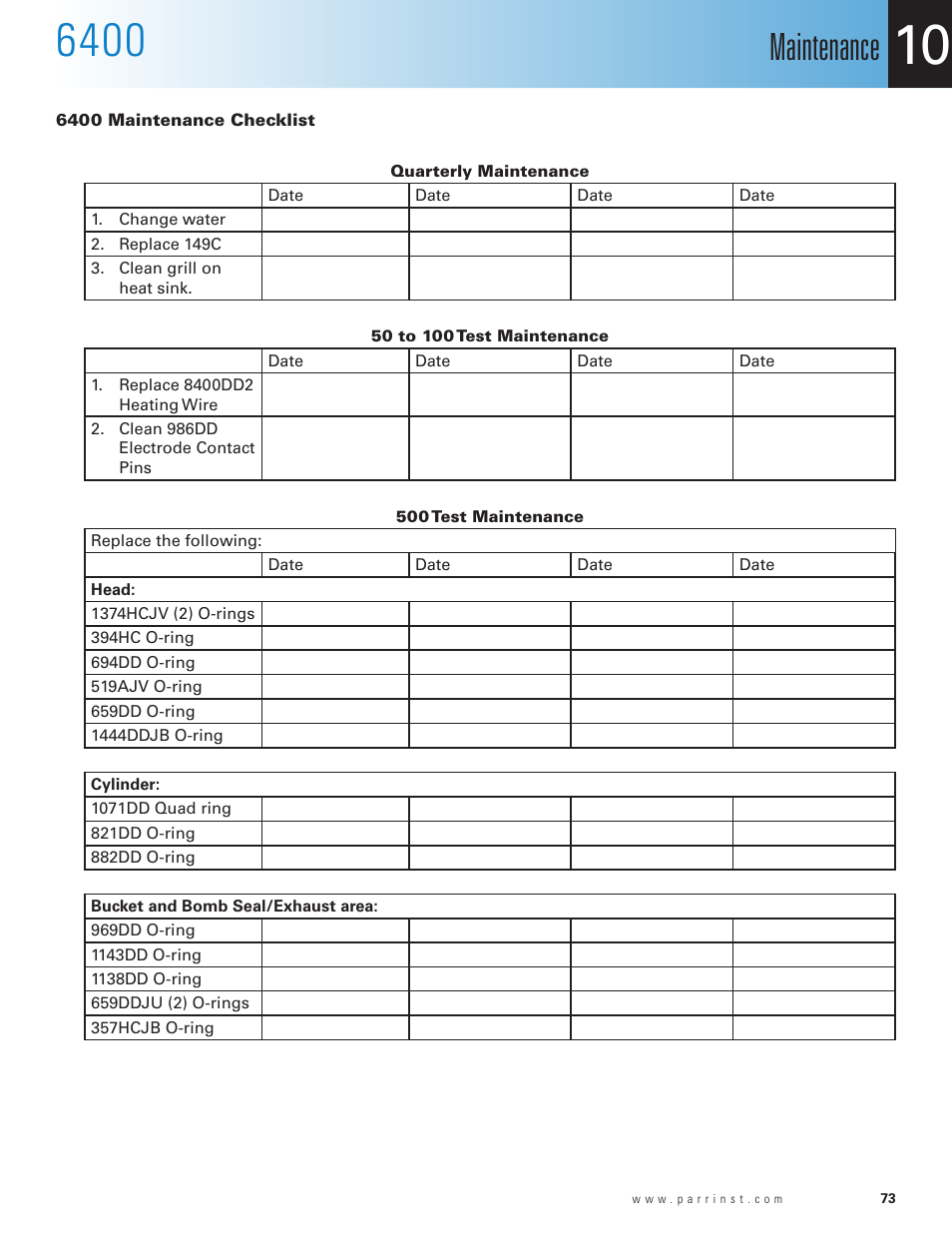 6400 maintenance checklist, Maintenance | Parr Instrument 6400 User Manual | Page 75 / 110