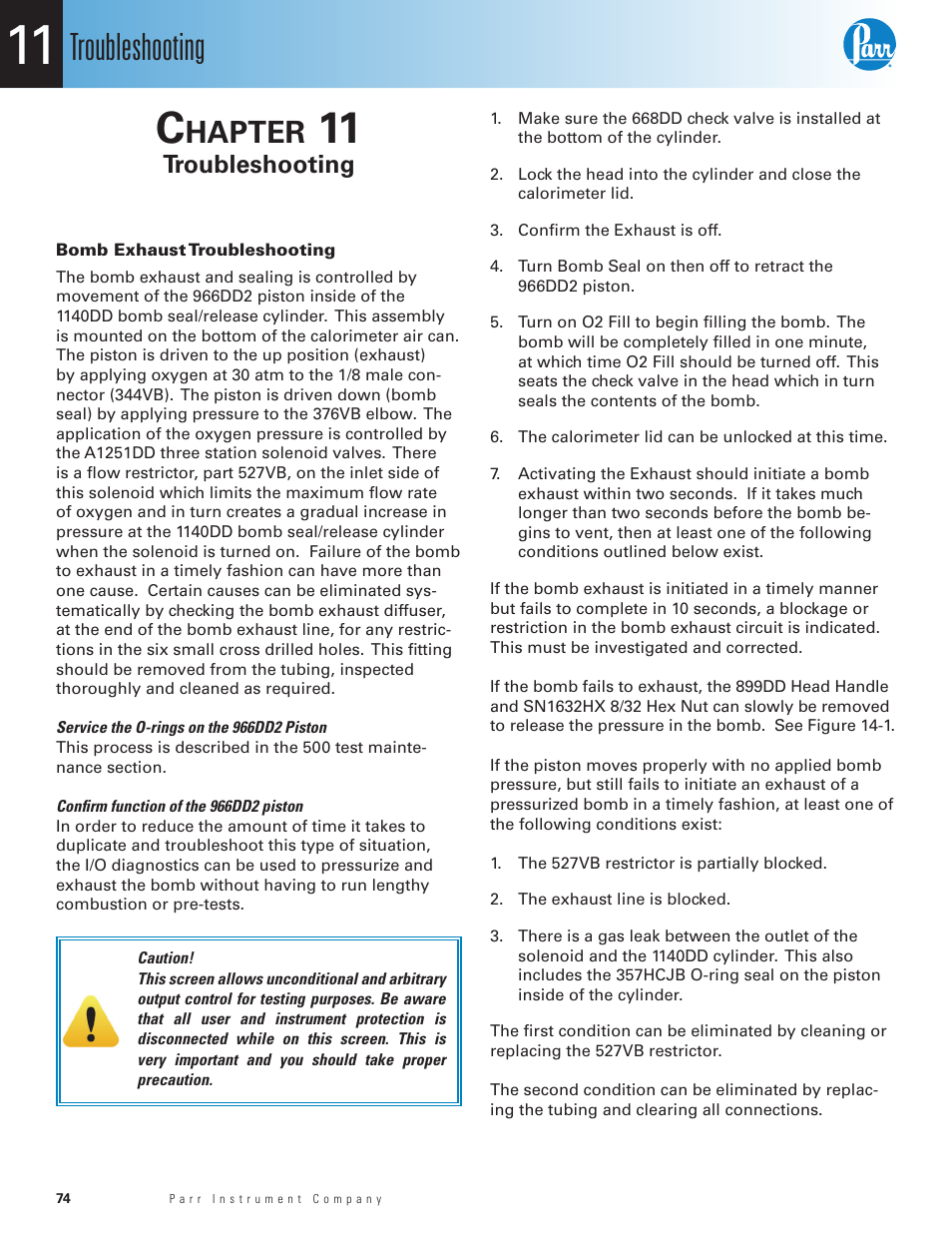 Chapter 11, Troubleshooting, Bomb exhaust troubleshooting | Chapter 11 74, Hapter | Parr Instrument 6400 User Manual | Page 76 / 110