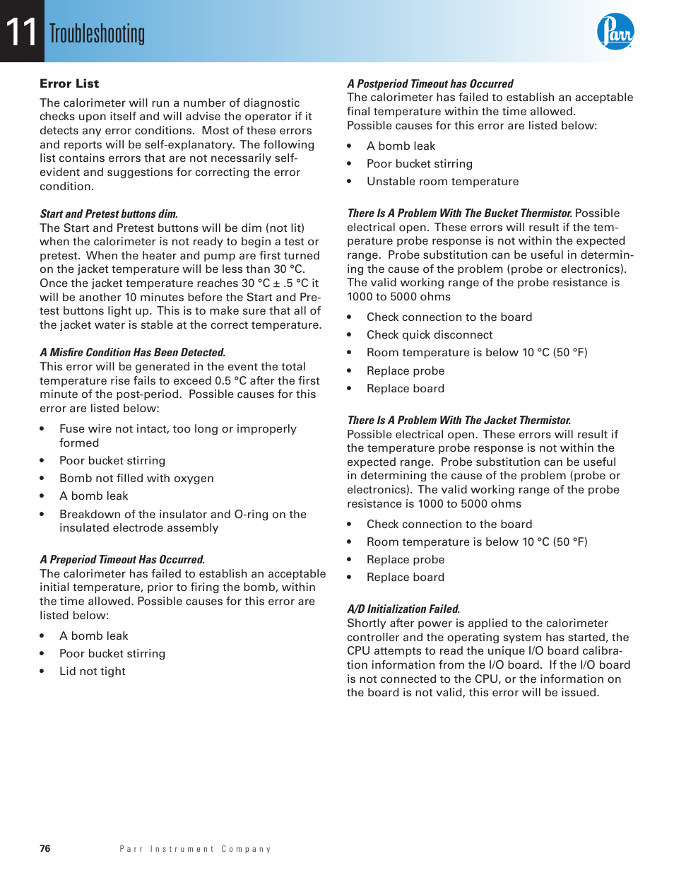 Error list, Troubleshooting | Parr Instrument 6400 User Manual | Page 78 / 110