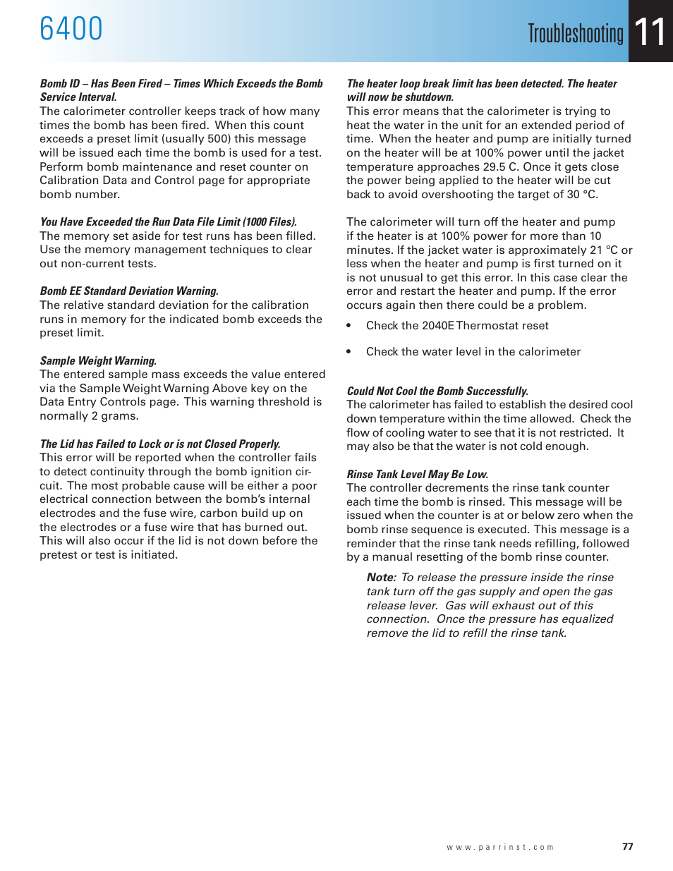 Troubleshooting | Parr Instrument 6400 User Manual | Page 79 / 110