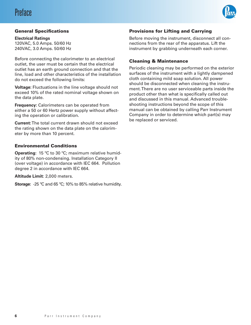 General specifications, Environmental conditions, Provisions for lifting and carrying | Cleaning & maintenance, Preface | Parr Instrument 6400 User Manual | Page 8 / 110
