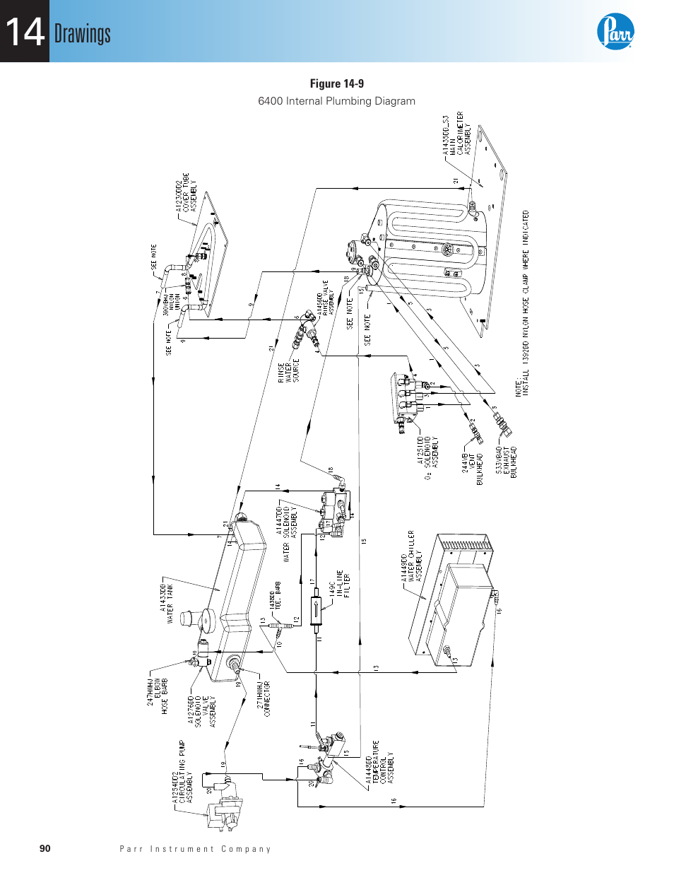 Figure 14-9, 6400 internal plumbing diagram, Drawings | Parr Instrument 6400 User Manual | Page 92 / 110
