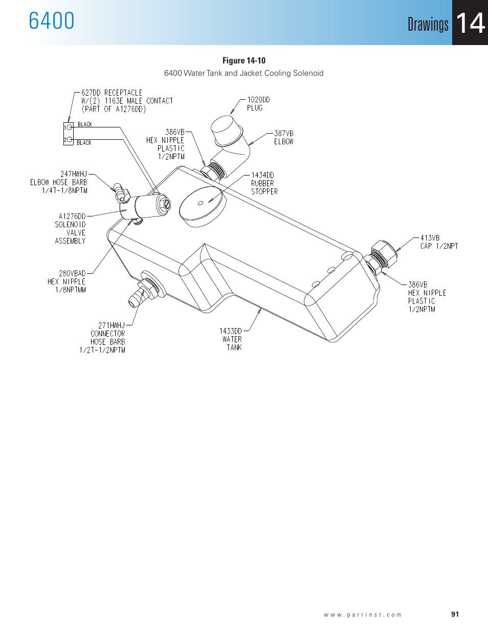 Figure 14-10, 6400 water tank and jacket cooling solenoid, Drawings | Parr Instrument 6400 User Manual | Page 93 / 110