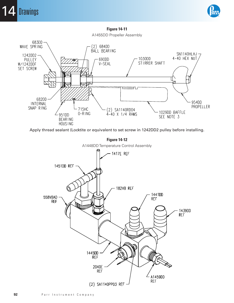 Figure 14-11, A1455dd propeller assembly, Figure 14-12 | A1448dd temperature control assembly, Drawings | Parr Instrument 6400 User Manual | Page 94 / 110