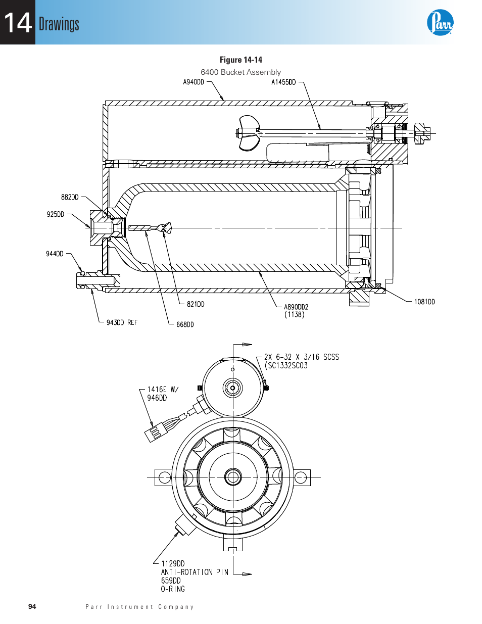Figure 14-14, 6400 bucket assembly, Drawings | Parr Instrument 6400 User Manual | Page 96 / 110