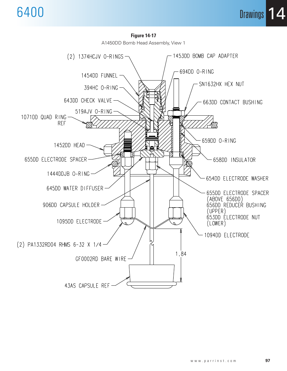 Figure 14-17, A1450dd bomb head assembly, view 1, Drawings | Parr Instrument 6400 User Manual | Page 99 / 110