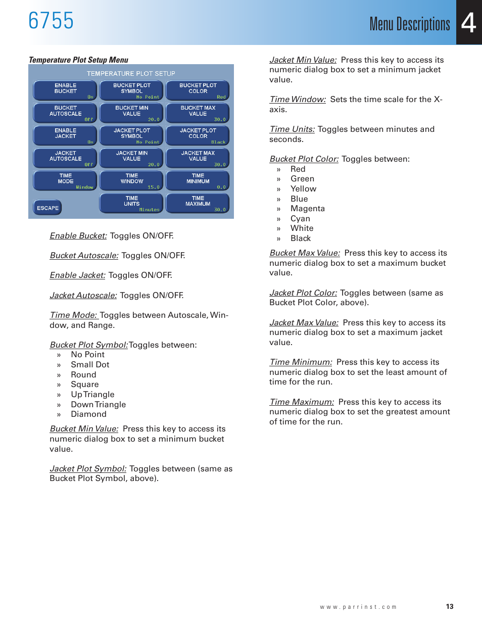 Menu descriptions | Parr Instrument 6755 User Manual | Page 15 / 52